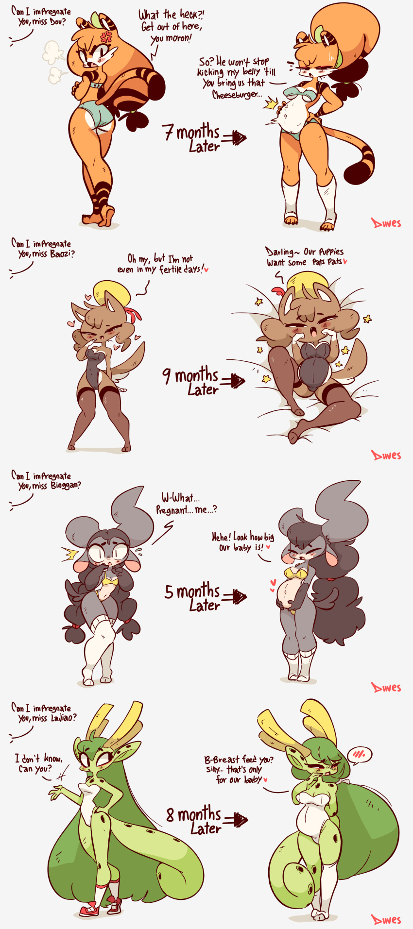 absurd_res anthro bāozi bǐnggān canid canine canis clothing d&ograve;u diives domestic_dog dragon english_text female hi_res lajiao_(diives) legwear mammal mature_female mother parent pregnant pregnant_female smile solo text tights xingzuo_temple