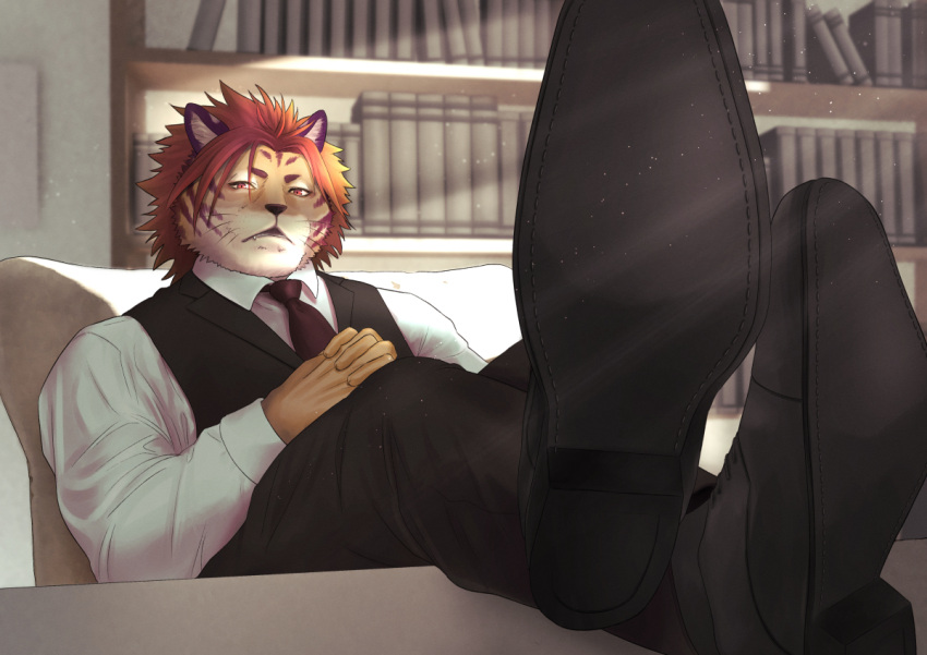 anthro clothing dress_shoes felid footwear fur hair itsumi28593 library lifewonders male mammal muscular muscular_anthro muscular_male necktie nomad_(tas) pantherine red_hair shoes solo striped_body striped_fur stripes tiger tokyo_afterschool_summoners topwear vest video_games