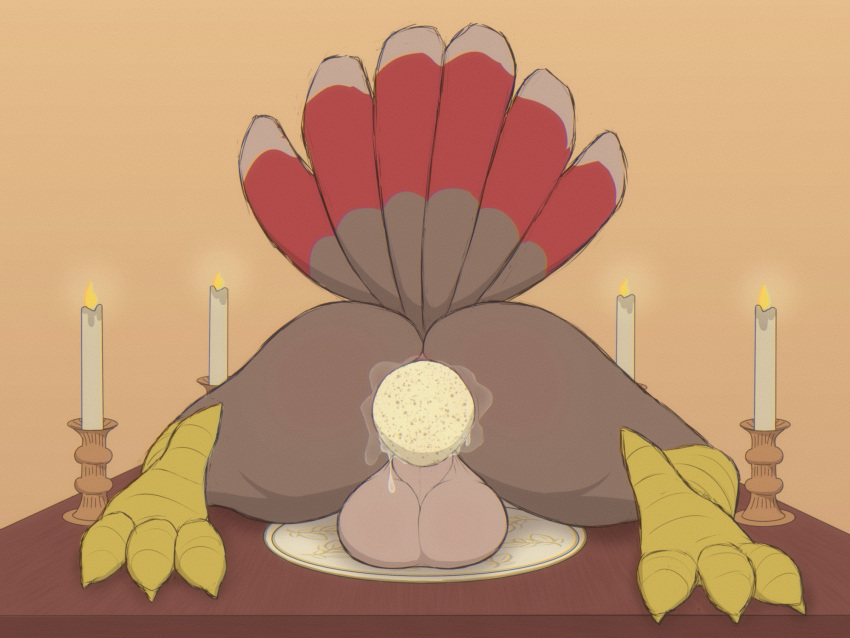 4:3 anal anthro anus avian avian_feet backsack balls big_balls biped bird bird_feet candle creature_sp egg feathers furniture galliform genitals hi_res holidays lying male on_front on_table oviposition perineum phasianid plate raised_tail rear_view solo table tail_feathers thanksgiving turkey