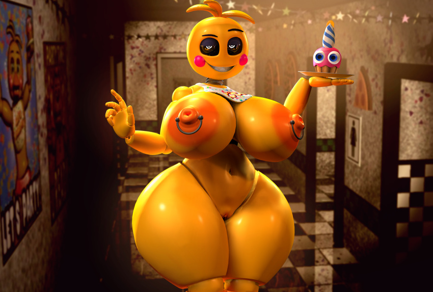 2021 3d_(artwork) 5_fingers animatronic anthro areola avian barely_visible_genitalia barely_visible_pussy beakless bedroom_eyes bib big_areola big_breasts bird black_eyebrows black_pupils black_sclera blonde_hair blue_eyes breasts c4d_max candle chicken cupcake_(fnaf) digital_media_(artwork) doorway eyebrows female fingers five_nights_at_freddy's five_nights_at_freddy's_2 food food_creature galliform gallus_(genus) genitals grin hair half-closed_eyes hallway hi_res holding_object holding_plate hollow_eyes huge_breasts looking_at_viewer lovetaste_chica machine narrowed_eyes navel nipple_piercing nipples noseless nude orange_areola orange_nipples orange_pussy phasianid piercing plate pupils pussy raised_eyebrow robot rosy_cheeks seductive sharp_teeth smile solo standing teeth teeth_showing thick_thighs toy_chica_(fnaf) video_games white_eyes white_pupils wide_hips yellow_body yellow_skin