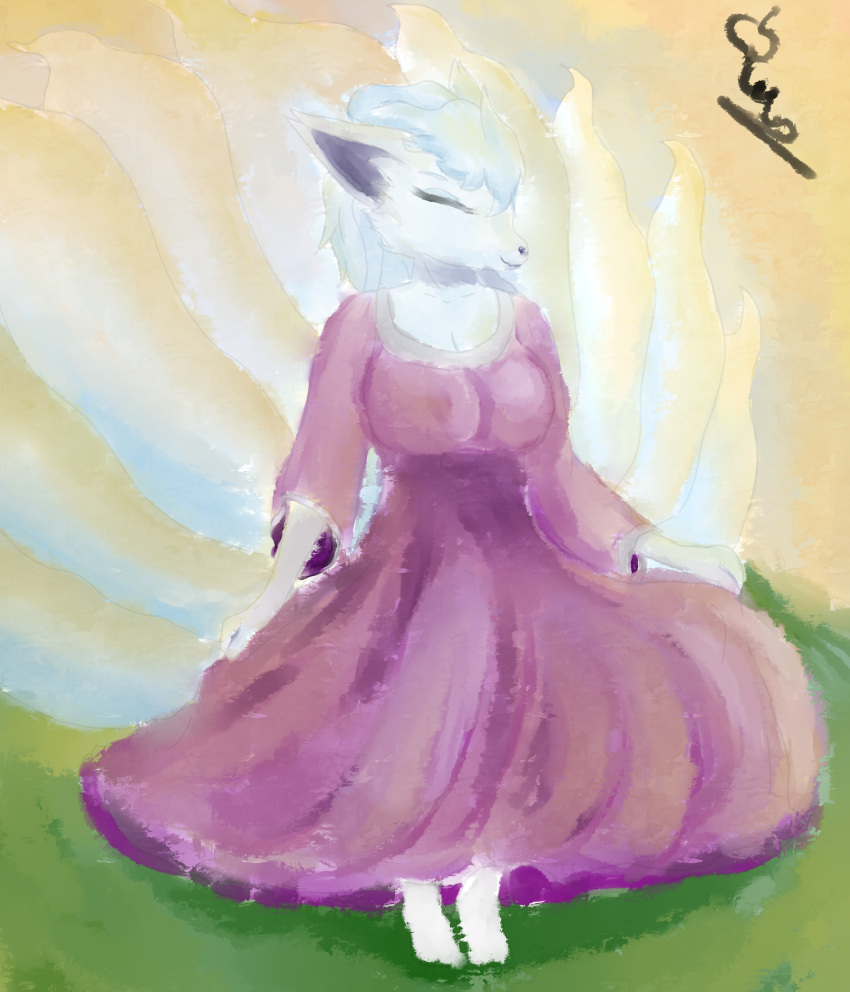 absurd_res alolan_ninetales anthro barefoot big_breasts blue_body blue_fur breasts clothed clothing dress eyes_closed feet female fur grass hair hi_res legwear light ninetales nintendo plant pok&eacute;mon pok&eacute;mon_(species) purple_clothing regional_form_(pok&eacute;mon) rusoide short_hair smile solo stockings video_games