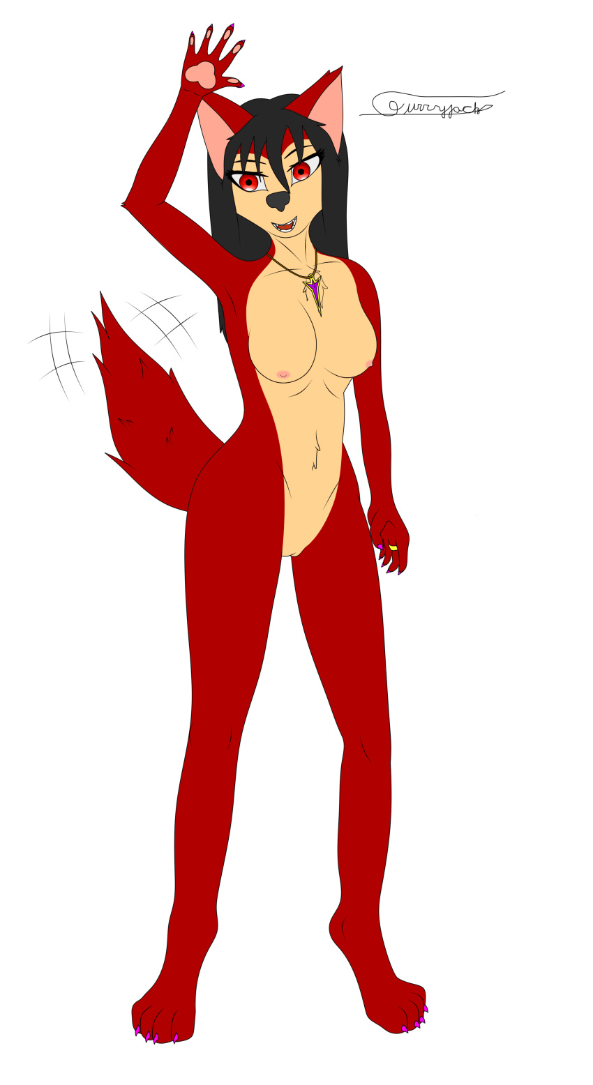 absurd_res anthro black_hair breasts canid canine canis female fur genitals hair hi_res mammal nude painted_claws pussy red_body red_eyes red_fur ring solo tail_motion tailwag wolf