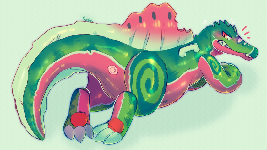 16:9 2020 ambiguous_gender animate_inanimate digital_drawing_(artwork) digital_media_(artwork) dinosaur feral food froste fruit glistening green_background green_body handles hi_res inflatable living_inflatable melon nonbinary_(lore) nozzle orange_eyes pink_body plant pool_toy reptile rind rubber scalie sharp_teeth simple_background solo spinosaurid spinosaurus teeth theropod watermelon widescreen