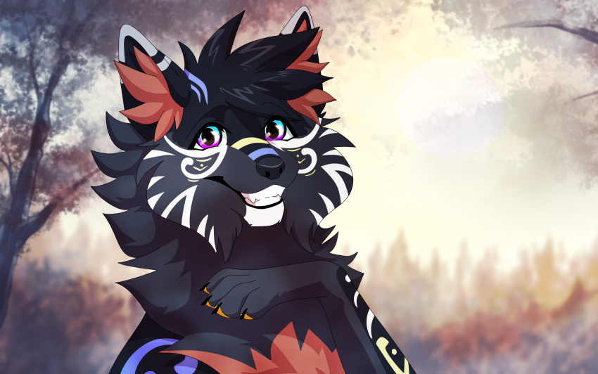 anthro background_sky canid canine canis colored detailed_background fatelessknight fur hi_res hybrid inner_ear_fluff male mammal multicolored_body multicolored_ears multicolored_fur paws portrait pose shaded sirius_hoshi_skaarsgard smile symbol tuft wolf