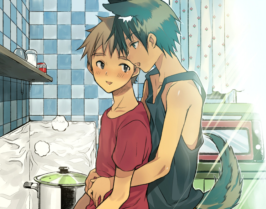 2013 4_ears animal_humanoid black_clothing black_hair black_shirt black_tank_top black_topwear blush canid canid_humanoid canine canine_humanoid clothing cooking_pot cookware dog_humanoid duo embrace hair hug hugging_from_behind human human_and_animal_ears humanoid inner_ear_fluff kitchen_utensils male male/male mammal mammal_humanoid multi_ear rand_(pixiv) red_clothing red_shirt red_topwear romantic romantic_couple shirt tank_top tools topwear tuft young