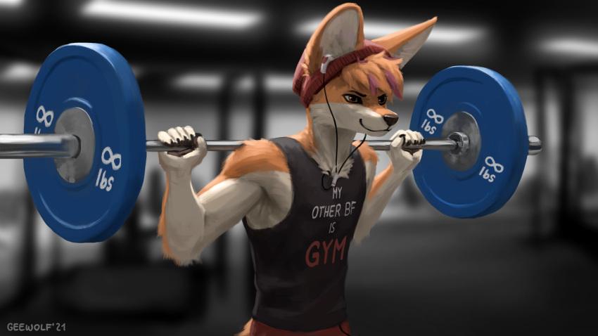 16:9 2021 anthro blurred_background canid canine clothed clothing earbuds english_text exercise fennec fox fur geewolf gym headphones hi_res inside male mammal orange_body orange_fur shirt solo sportswear text text_on_clothing topwear weightlifting white_body white_fur widescreen workout