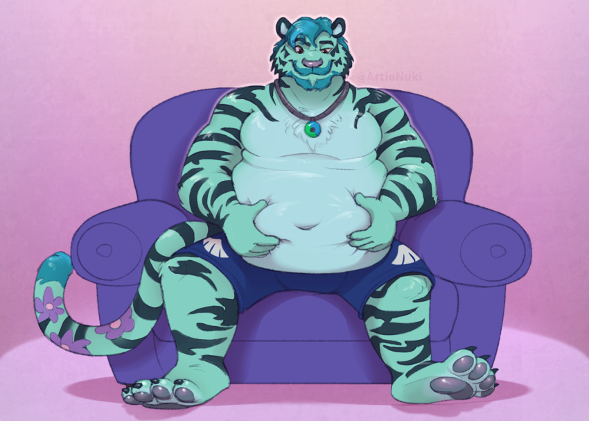 anthro bottomwear clothing feet felid furniture fusion hindpaw jewelry male male/male mammal merging necklace pantherine pawpads paws plantigrade shorts sitting sofa soles the-b3ing tiger