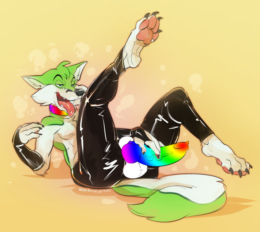 absurd_res anthro balls black_nose breath bulge bulge_rubbing butt canid canine claws clothed clothing digital_media_(artwork) emufur erection feet fidget_the_fox fox fur genitals green_body green_eyes green_fur hair hi_res huff huffy latex latex_armwear latex_legwear latex_stockings male mammal multicolored_penis nipples nude open_mouth panting paws penis rainbow_penis rubber rubber_armwear rubber_clothing rubber_suit sex signature simple_background smile solo tongue white_body white_fur