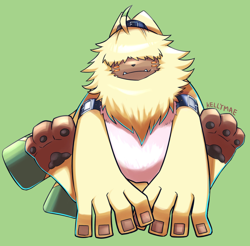 absurd_res angoramon anthro bandai_namco belt big_feet digimon digimon_(species) digimon_ghost_game feet fluffy fur hair_over_eyes hi_res kellymae male neck_tuft pawpads sitting solo tuft yellow_body yellow_fur