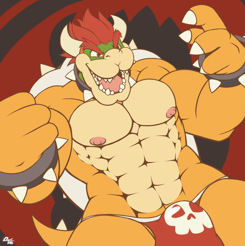abs absurd_res anthro areola biped bowser bracelet bulge claws clothed clothing collar eddy_dusty eyebrows finger_claws hair hi_res horn jewelry koopa male mario_bros muscular muscular_anthro muscular_male nintendo nipples open_mouth pecs pink_nipples red_clothing red_eyes red_hair red_underwear scalie shell solo spiked_bracelet spiked_collar spiked_shell spikes spikes_(anatomy) teeth topless underwear video_games