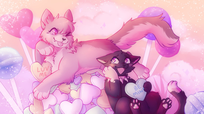 &lt;3 &lt;3_eyes 16:9 2020 4_fingers 4_toes ambiguous_gender ashfur_(warriors) black_body black_fur blush candy candy_hearts cloud collar dessert detailed_background digital_drawing_(artwork) digital_media_(artwork) dipstick_tail domestic_cat duo english_text feet felid feline felis fingers food froste fur hi_res hindpaw jewelry lollipop mammal markings multicolored_tail nude one_eye_closed pawpads paws pink_eyes pink_pawpads scourge_(warriors) spiked_collar spikes tail_markings text toes tongue tongue_out warriors_(cats) widescreen wink