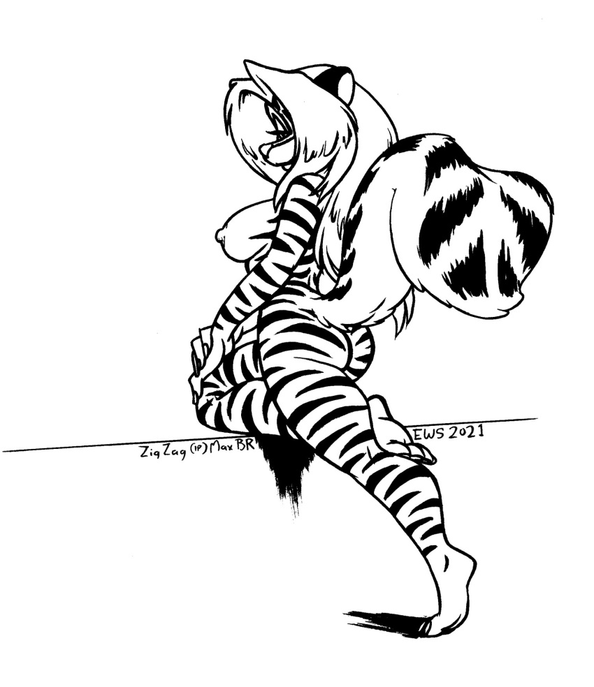 2021 anthro black_and_white breasts butt eric_schwartz felid female fur hair hi_res hybrid looking_at_viewer looking_back looking_back_at_viewer mammal mephitid monochrome nipples nude pantherine rear_view side_boob signature skunk solo striped_body striped_fur stripes tiger traditional_media_(artwork) zig_zag