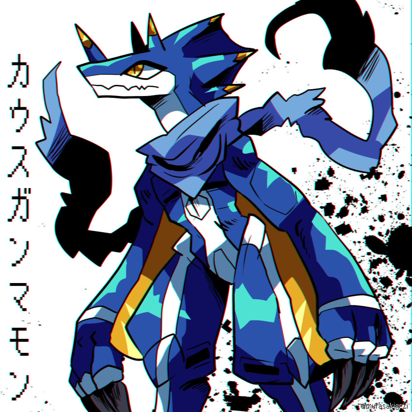 1:1 anthro bandai_namco blue_body claws digimon digimon_(species) digimon_ghost_game hi_res horn japanese_text kausgammamon male murasakigezi scarf solo text yellow_eyes