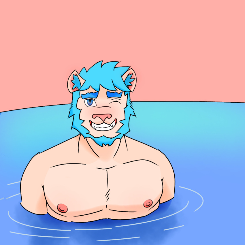 1:1 anthro chase chase_shinien facial_hair felid hi_res lion looking_at_viewer male mammal name:chase nipples pantherine pecs pool_(disambiguation) shy smile solo swimming_pool water