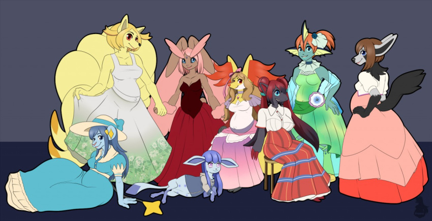 anthro bianca_(pok&eacute;mon) bottomwear clothing dawn_(pok&eacute;mon) delphox dress eeveelution female glaceon group gym_leader hand_on_hip hinata_hyuga long_skirt lopunny may_(pok&eacute;mon) mightyena misty_(pok&eacute;mon) naruto ninetales nintendo pok&eacute;mon pok&eacute;mon_(species) pregnant pregoo rosa_(pok&eacute;mon) sakura_haruno serena_(pok&eacute;mon) shinx shiny_pok&eacute;mon sitting skirt sun_hat vaporeon video_games zoroark