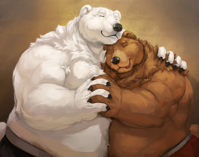 2020 anthro belly better_version_at_source biceps black_claws black_clothing black_nose black_underwear brown_bear brown_body brown_fur cinna-tree claws clothed clothing cuddling duo embrace fluffy fur hand_holding hi_res hug male male/male mammal muscular muscular_male neck_tuft overweight overweight_male polar_bear red_clothing red_underwear romantic romantic_couple short_tail tongue tongue_out topless tuft underwear ursid ursine waistband white_body white_fur