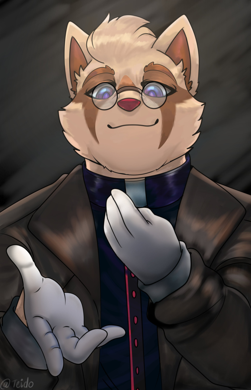 2021 4_fingers absurd_res alternate_version_at_source anthro big_eyes black_clothing black_jacket black_topwear blue_eyes brown_body brown_eyebrows brown_face brown_fur brown_inner_ear brown_markings bust_portrait cheek_tuft closed_smile clothed clothed_anthro clothed_male clothing colored digital_drawing_(artwork) digital_media_(artwork) ear_tuft eyebrows eyewear facial_markings facial_tuft fingers front_view fully_clothed fully_clothed_anthro fully_clothed_male fur glasses gloves grey_background half-closed_eyes handwear happy head_markings head_tuft heyimteedo hi_res humanoid_hands jacket league_of_legends light looking_down_at_viewer male male_anthro mammal markings multicolored_body multicolored_fur muscular muscular_anthro muscular_male narrowed_eyes open_clothing open_jacket open_topwear portrait purple_clothing purple_dress_shirt purple_shirt purple_topwear red_nose riot_games round_glasses shaded shirt signature simple_background smile smiling_at_viewer solo standing tan_arms tan_body tan_ears tan_face tan_fur teemo_(lol) toony topwear tuft two_tone_body two_tone_face two_tone_fur video_games wearing_glasses white_clothing white_gloves white_handwear yordle