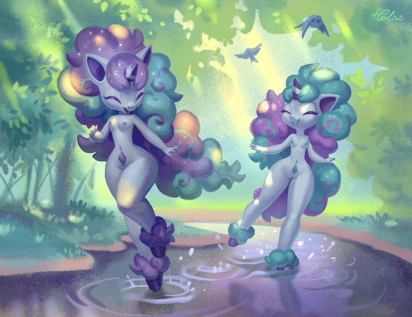 absurd_res anthro areola avian bird breasts casual_nudity duo english_text eyelashes eyes_closed female forest galarian_ponyta genitals hi_res holivi hooves horn navel nintendo nipples nude open_mouth open_smile outside plant pok&eacute;mon pok&eacute;mon_(species) pubes pussy regional_form_(pok&eacute;mon) skinny_dipping smile text tree video_games water