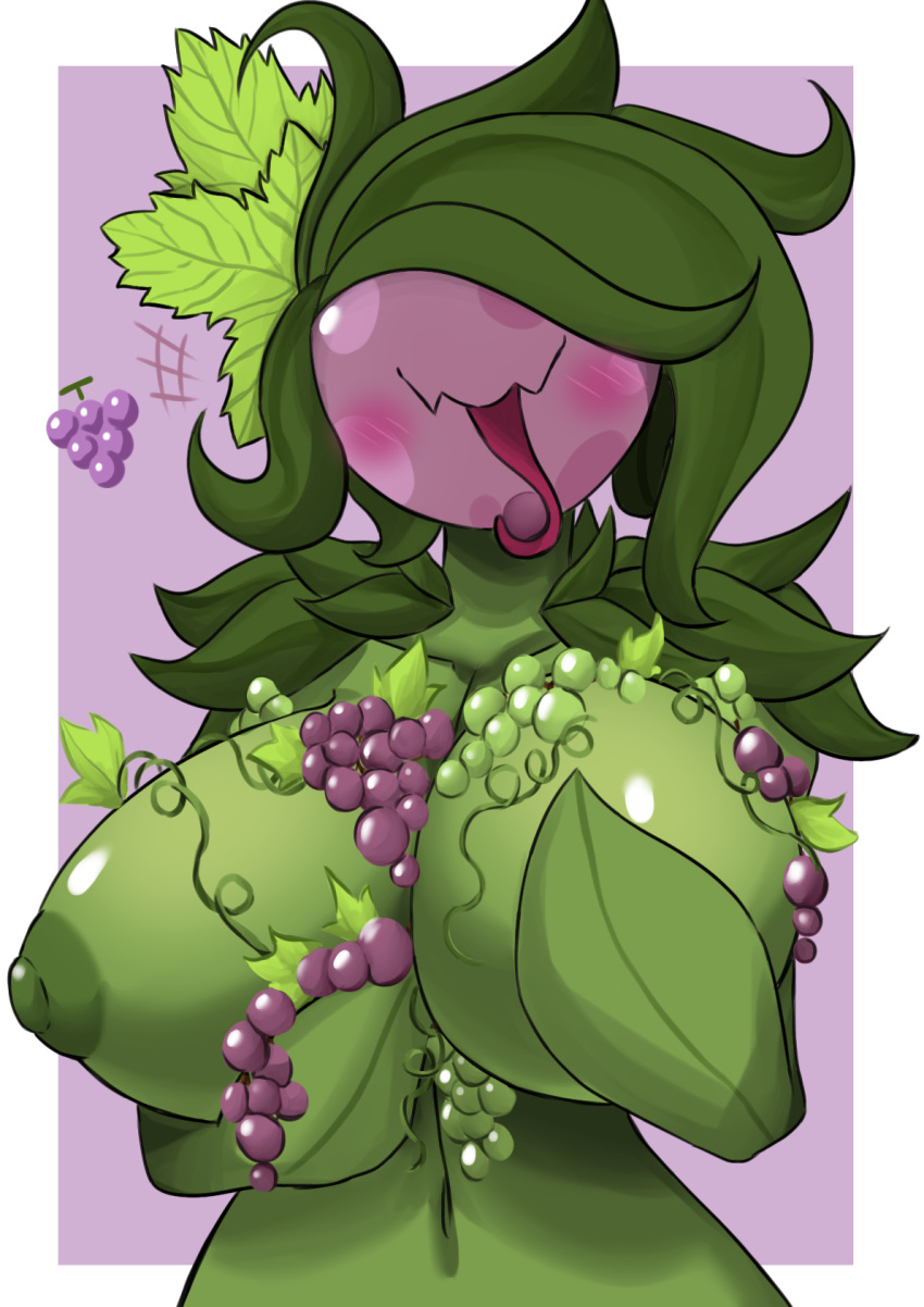 big_breasts blush breasts covering covering_breasts digital_media_(artwork) elemental_creature elemental_humanoid female flora_fauna food fruit grape hi_res holding_breast humanoid leaf leaves_in_hair nipples plant plant_humanoid simple_background smile solo tongue tongue_out vines woebeeme
