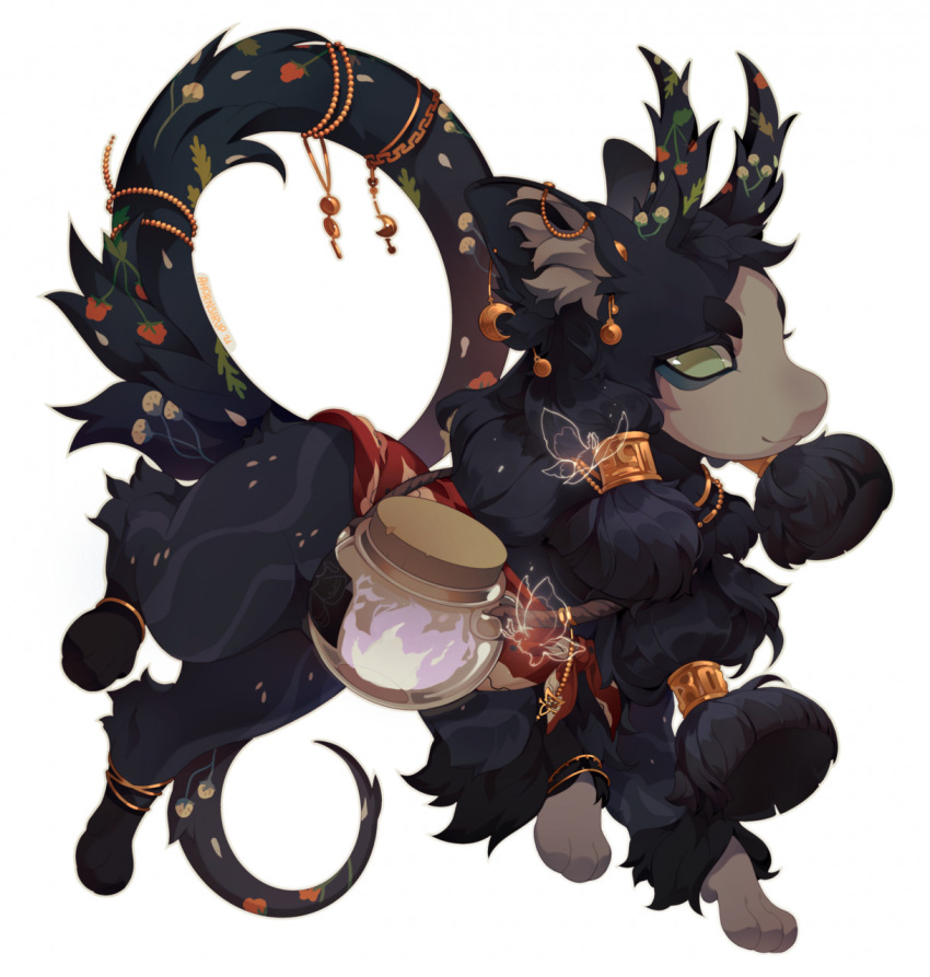 accessory ambiguous_gender arthropod black_body black_fur butterfly chibi diesel_wiesel dragon feral fire floral_markings flower fur green_eyes hair_accessory hi_res horn inner_ear_fluff insect jar jewelry lepidopteran markings plant red_scarf scarf solo tail_jewelry tuft