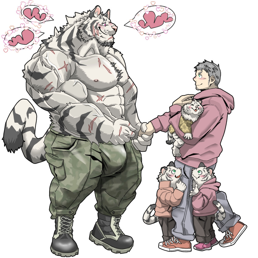 &lt;3 1:1 abs absurd_res anthro big_muscles blush boots bottomwear bulge chan_kiti_chan_(artist) child clothing embrace facial_scar family father father_and_child father_and_son felid footwear fur group hair hand_holding hi_res hoodie hug human human_on_anthro interspecies larger_anthro male male/male mammal muscular muscular_anthro muscular_male navel nipples pantherine pants parent parent_and_child pecs romantic romantic_couple scar shirtless shoes size_difference smaller_human son tiger topwear white_body white_fur white_hair young