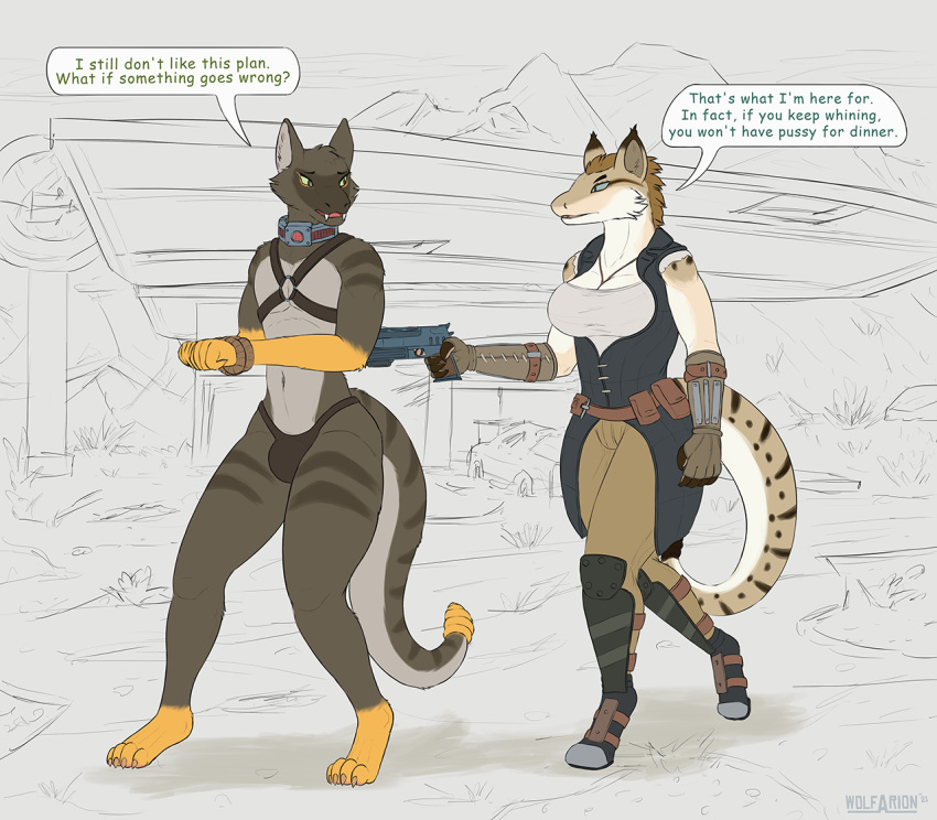 2021 anthro bethesda_softworks blue_eyes brown_body brown_fur claws clothed clothing collar colored dialogue duo english_text fallout female fur green_eyes gun hale_(wolfarion) handgun looking_at_another male markins night_stalker_(fallout) panties paws pistol ranged_weapon rope roxanne_(frostfur101) stripes text tusks underwear video_games walking weapon white_body white_fur wolfarion yellow_body yellow_fur