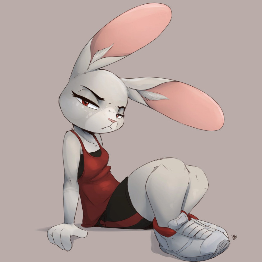 1:1 2021 anthro bottomwear breasts clothed clothing female footwear fully_clothed fur grey_background grey_body grey_fur hi_res lagomorph leporid light lighting looking_at_viewer louart mammal rabbit red_eyes shaded shirt shoes shorts signature simple_background sitting solo tank_top topwear