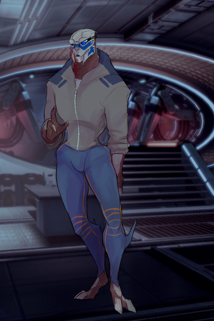 2:3 alien blue_eyes bodypaint bottomwear clothing face_paint garrus_vakarian hi_res inside looking_at_viewer male mass_effect pants rolled_up_sleeves shirt solo spacecraft standing stormcall topwear turian vehicle video_games visor zipper