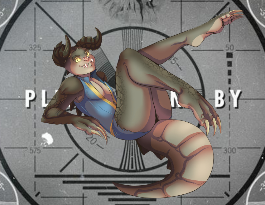 absurd_res anthro bethesda_softworks brown_body brown_scales butt clawed_fingers clawed_toes clothing deathclaw fallout girly hi_res horn legs_in_air looking_at_viewer lying male on_back pascalthepommie pinup pose pupils scales sleeveless_clothing slit_pupils solo thick_thighs torn_clothing vault_suit video_games yellow_eyes