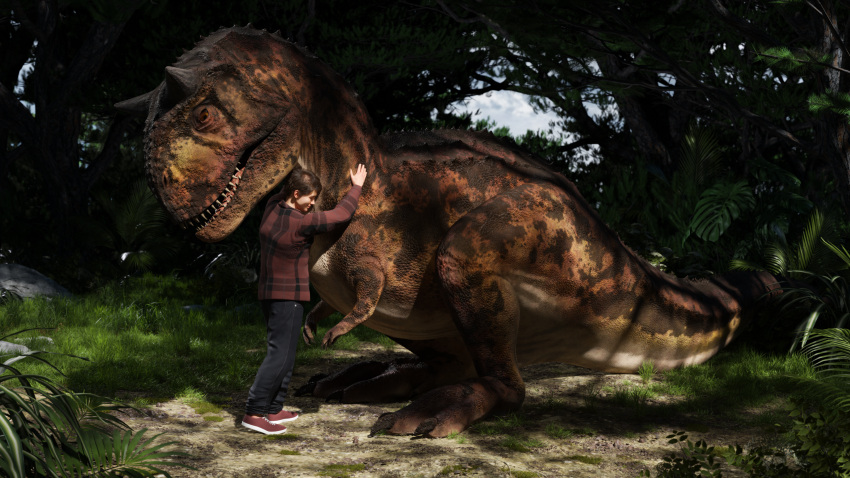 16:9 2021 3d_(artwork) 4k abelisaurid absurd_res ambiguous_gender blender_(software) brown_body brown_scales carnotaurus claws clothing day detailed_background digital_media_(artwork) dinosaur duo embrace eyes_closed feral forest grass hair hand_on_neck hi_res horn hug human ivorylagiacrus jurassic_park jurassic_world jurassic_world:_fallen_kingdom looking_at_another looking_at_partner male mammal multicolored_body multicolored_scales open_mouth orange_body orange_scales outside plant reptile scales scalie sharp_teeth sitting size_difference smile spikes teeth theropod tongue tree universal_studios video_games widescreen