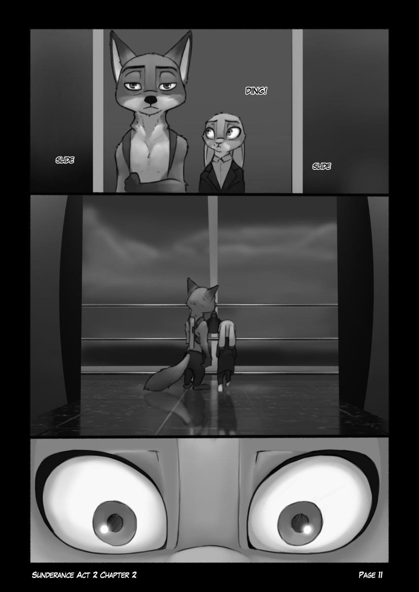2021 ambiguous_gender anthro barefoot biped black_border border bottomwear canid canine clothed clothing comic dipstick_ears dipstick_tail disney duo english_text feet fox foxxj gloves_(marking) greyscale half-closed_eyes hi_res holster inside judy_hopps lagomorph leporid male mammal markings monochrome multicolored_ears narrowed_eyes nick_wilde pants rabbit tail_markings text topless zootopia