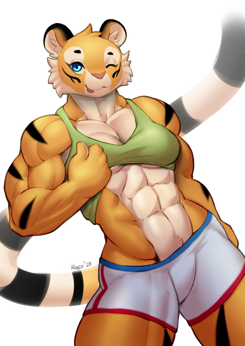 2021 abs anthro biceps blue_eyes bottomwear breasts clothing deltoids felid female fur hi_res mammal midriff muscular muscular_female one_eye_closed pantherine razzberryboat shirt shorts solo striped_body striped_fur stripes tank_top tiger topwear wink