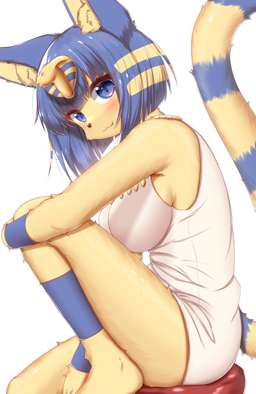 2021 animal_crossing ankha_(animal_crossing) anthro armwear barefoot big_breasts blonde_hair blue_body blue_eyes blue_fur blue_hair blush breasts cheek_tuft clothed clothing cute_fangs domestic_cat egyptian facial_tuft feet felid feline felis female fur hair hi_res horokusa0519 inner_ear_fluff kemono legwear looking_at_viewer mammal multicolored_body multicolored_fur multicolored_hair multicolored_tail nintendo sitting solo tuft video_games yellow_body yellow_fur