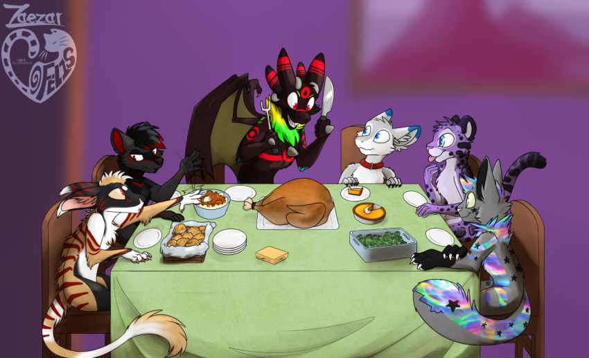 avian bird dessert feast felisfortuitous felisrandomis food furniture galliform gray_(neko_jesus) holidays inside phasianid pie pumpkin_pie senky spectre table thanksgiving tuli'k turkey undead zaezar