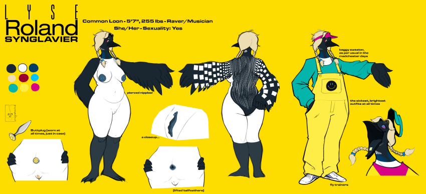 2021 absurd_res anthro anus areola avian baggy_clothing beak bird black_body black_feathers blonde_hair blue_body blue_clothing blue_feathers blue_hat blue_headwear blue_nipples blue_pussy blue_shirt blue_topwear breasts butt button_(fastener) buttplug character_name clitoris clothed clothing color_swatch common_loon drugs english_text feathers female footwear front_view genitals hair hat headgear headwear hi_res information leg_markings loon lsd lyse_roland_synglavier magnetiorchid markings membrane_(anatomy) model_sheet nipple_piercing nipples nude overalls piercing pigtails pink_clothing pink_hat pink_headwear plug_(sex_toy) pronouns pussy pussy_tape rear_view red_eyes roland_corporation sex_toy shirt shoes signature slightly_chubby smiley_face sneakers socks_(marking) solo species_name spread_butt spreading text topwear visor_cap webbed_feet white_body white_clothing white_feathers white_footwear white_shoes winged_arms wings