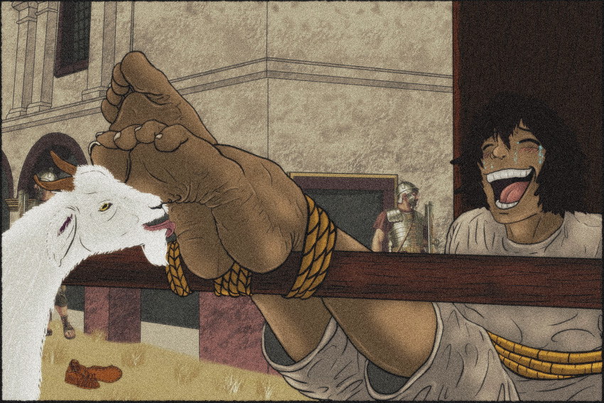 3:2 5_toes ancient ancient_rome barefoot blush bovid caprine eyes_closed feet feet_torture feral foot_focus fur goat group hi_res human humanoid_feet leg_torture male male/male mammal open_mouth roman roman_empire rome soles talpimado tickle_fetish tickle_torture tickling tickling_feet toes tongue tongue_out wanderer1988 white_body white_fur yellow_eyes