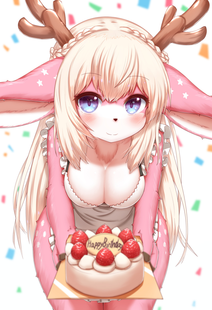 2021 anthro antlers apron apron_only blue_eyes blush braided_hair breasts cake cervid chest_tuft cleavage clothed clothing confetti dessert english_text female food fur hair happy_birthday hi_res horn horokusa0519 kemono leaning leaning_forward mammal mostly_nude multicolored_body multicolored_fur pink_body pink_fur smile smiling_at_viewer solo text tuft two_tone_body two_tone_fur white_body white_fur white_hair