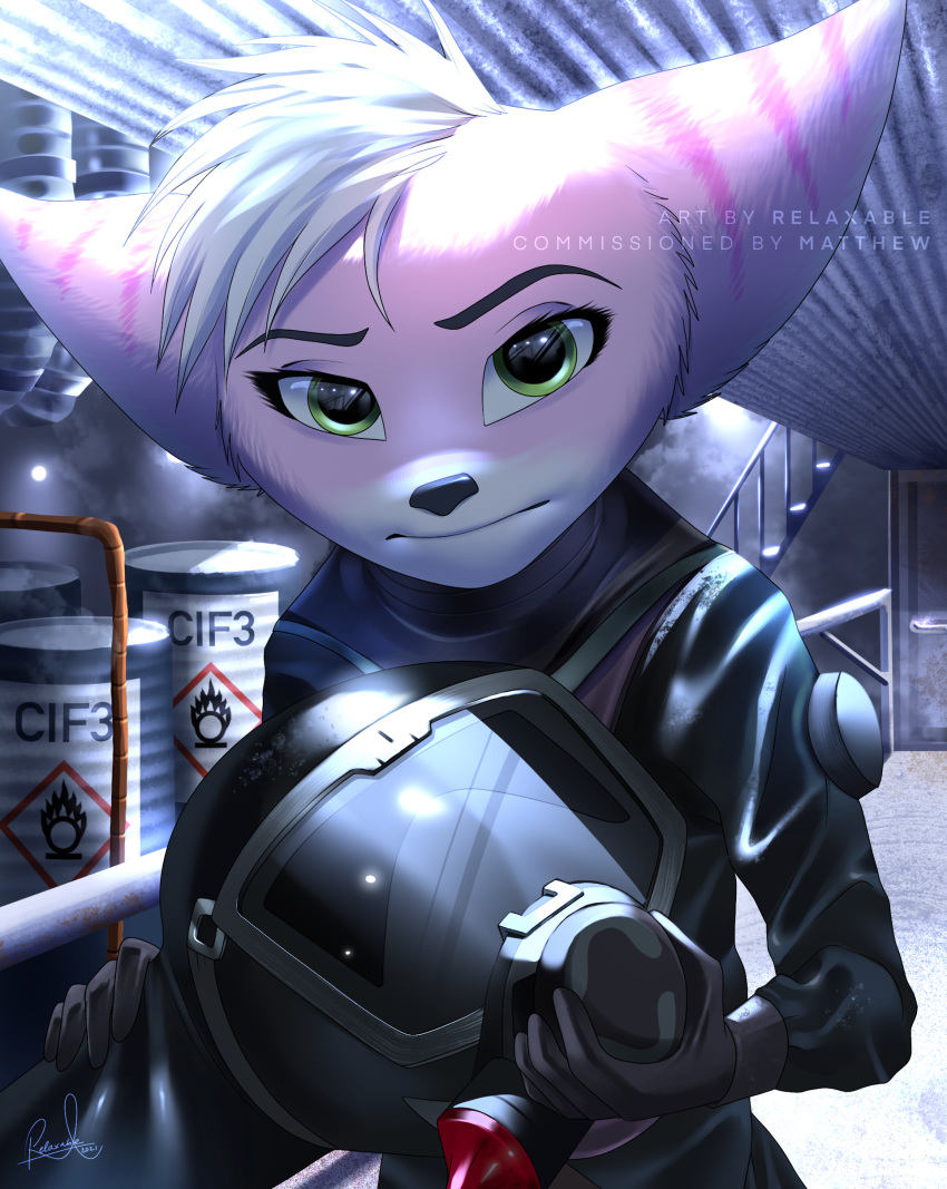 2021 absurd_res anthro armor barrel blue_body blue_fur clothed clothing detailed_background digital_media_(artwork) fully_clothed fur green_eyes headgear helmet hi_res holding_object inside light lighting lombax looking_at_viewer mammal ratchet_and_clank relaxable relaxablefur shaded signature solo sony_corporation sony_interactive_entertainment standing video_games