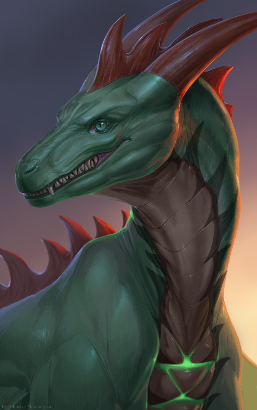 2021 ambiguous_gender digital_media_(artwork) dragon feral green_eyes hi_res horn silgiriya.mantsugosi solo spines teeth