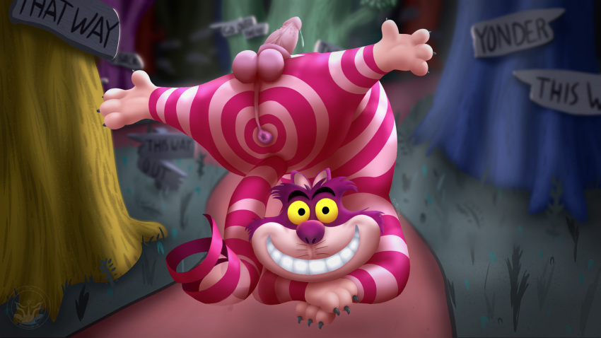 16:9 4_toes alice_in_wonderland alice_in_wonderland_(1951) animal_genitalia anus bodily_fluids butt cheshire_cat claws disney domestic_cat erection feet felid feline felis feral flexible floating forest genital_fluids genitals grass grin hi_res hovering lineless looking_at_viewer magenta_stripes male mammal markings monocerus no_irises outside path penile_spines penis pink_anus pink_balls pink_body pink_ears pink_head pink_nose pink_paws pink_penis pink_tail plant precum presenting presenting_hindquarters sheath sign slightly_chubby smile solo spread_legs spreading striped_body striped_markings striped_tail stripes tail_markings text toes tree tulgey_wood unraveling whiskers widescreen wonderland yellow_eyes