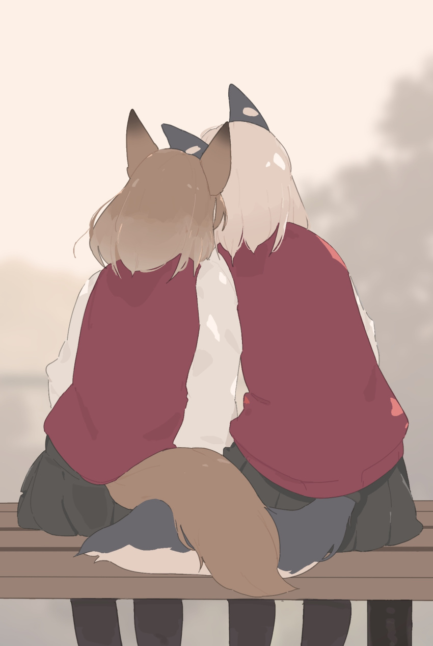 anthro anthro_on_anthro bench biped black_bottomwear black_clothing black_legwear black_skirt bottomwear brown_body brown_ears brown_fur brown_hair canid canine canis clothed clothing day detailed_background digital_media_(artwork) dipstick_ears domestic_dog duo elele female female/female fluffy fluffy_tail fox fully_clothed fur grey_body grey_ears grey_fur hair hi_res kemono leaning_on_another legwear mammal monotone_hair multicolored_ears outside plant portrait public rear_view red_clothing red_shirt red_topwear romantic romantic_couple shirt sitting skirt sky tail_on_tail tails_touching three-quarter_portrait topwear tree two_tone_ears white_body white_clothing white_ears white_fur white_hair white_shirt white_topwear