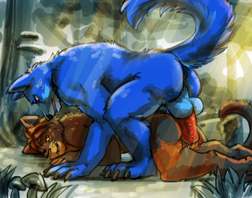 all_fours anthro anthro_on_anthro balls bent_over big_balls big_dom_small_sub big_penis blue_body blue_fur blue_tail bodily_fluids brown_body brown_fur butt canid canine canis clenched_teeth doggystyle dominant dominant_male dripping duo erection felid feline forest forest_background from_behind_position fur genital_fluids genitals hawkpelt healerblade humanoid_genitalia humanoid_penis imminent_sex looking_at_another looking_at_partner male male/male male_on_bottom male_on_top mammal markings multicolored_body multicolored_fur muscular muscular_male nature nature_background on_bottom on_top orange_body orange_fur outside outside_sex penis plant plantigrade precum precum_drip raemyshu sex side_view size_difference teasing teeth tree wolf