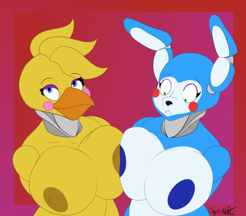 2021 absurd_res animatronic anthro avian beak big_breasts bird blue_body blue_eyes breast_squish breasts chicken digital_drawing_(artwork) digital_media_(artwork) duo female female/female five_nights_at_freddy's five_nights_at_freddy's_2 galliform gallus_(genus) green_eyes hi_res lagomorph leporid looking_at_viewer machine mammal nipples only-1-wayup phasianid rabbit robot signature simple_background smile squish surprised_expression toy_bonnie_(fnaf) toy_chica_(fnaf) video_games yellow_body