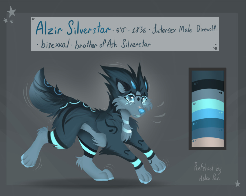 alzir_silverstar_(furglitch) blue_body blue_eyes blue_nose canid canine canis dire_wolf english_text facial_markings feral head_markings helensan hi_res horn leg_markings lip_scar male mammal markings model_sheet nose_scar nude palette scar simple_background solo tail_markings text wolf