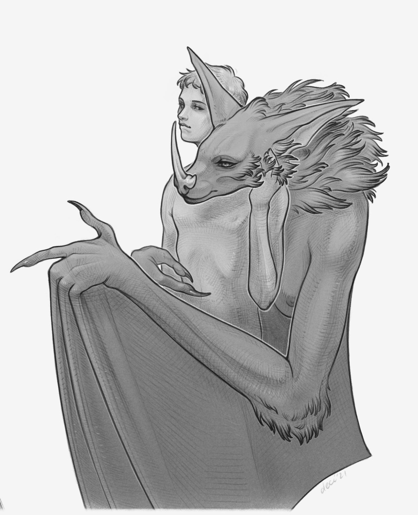 anthro bat_ears bat_nose breasts chiropteran cuddling duo elbow_tufts elena_(validheretic) embrace female hi_res hug hugging_from_behind human larger_anthro larger_female male mammal microchiropteran monochrome neck_tuft nipples nude phyllostomid rubbing_cheek size_difference smaller_human smaller_male standing tertia_decima tuft vampire_bat winged_arms wings yangochiropteran