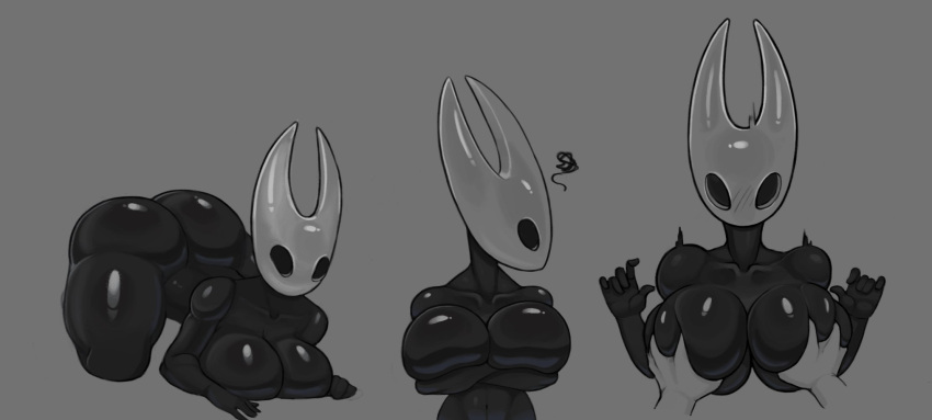 algooriginal anthro arthropod ass_up big_breasts big_butt blush breast_grab breasts butt crossed_arms digital_media_(artwork) female hand_on_breast hi_res hollow_knight hornet_(hollow_knight) insect sequence simple_background solo team_cherry thick_thighs video_games wide_hips