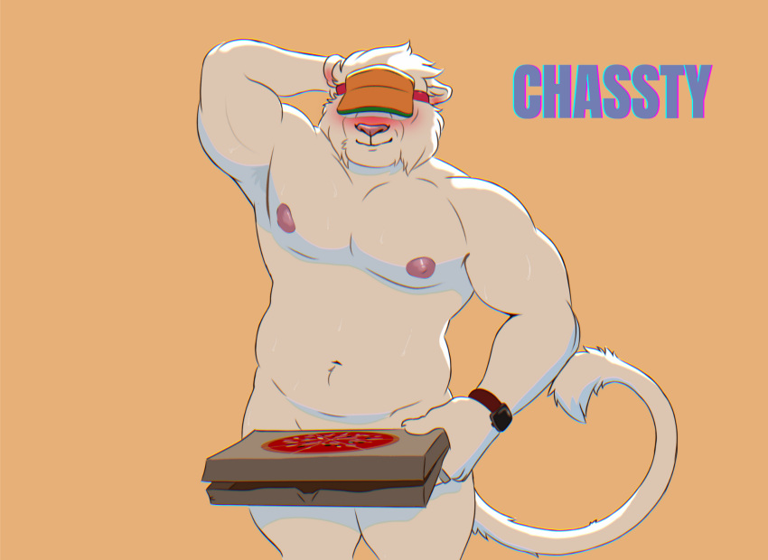 anthro big_legs big_pecs bodily_fluids chassty delivery_(commerce) everest felid hands_behind_head hi_res hybrid legs_together liger lion male mammal muscular nude pantherine pecs solo sweat sweatdrop
