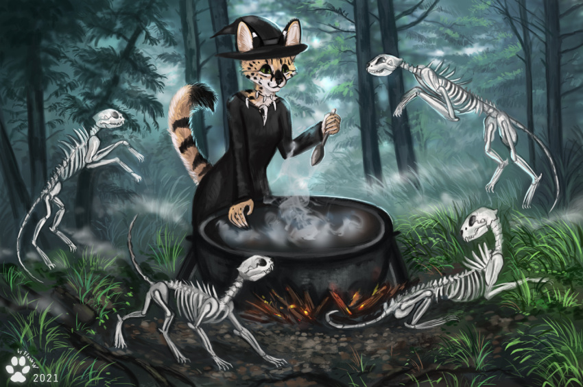 2021 5_fingers animated_skeleton anthro black_clothing black_dress bone breasts cauldron clothed clothing cutlery day detailed_background dress felid feline female fingers flashw forest grass group hat headgear headwear kitchen_utensils mammal outside plant serval skeleton smile spoon tools tree undead witch_hat