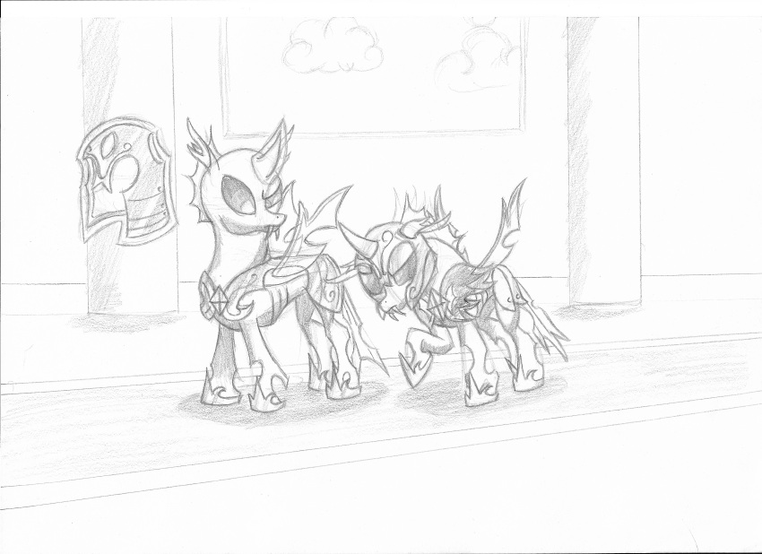 absurd_res armor arthropod black_body carapace changeling doesnotexist duo english_text evening_breeze fangs feral friendship_is_magic hasbro hi_res hooves horn monochrome my_little_pony quadruped rising_sun_(doesnotexist) solo text