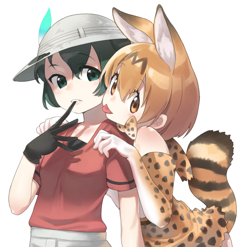 2girls animal_ears bare_shoulders black_gloves blonde_hair blush bow bowtie cheek-to-cheek elbow_gloves gloves hands_on_another's_shoulders helmet highres kaban_(kemono_friends) kemono_friends multiple_girls pith_helmet red_shirt sakoku_(rh_ty_ks) serval_(kemono_friends) serval_ears serval_print serval_tail shirt tail tongue tongue_out